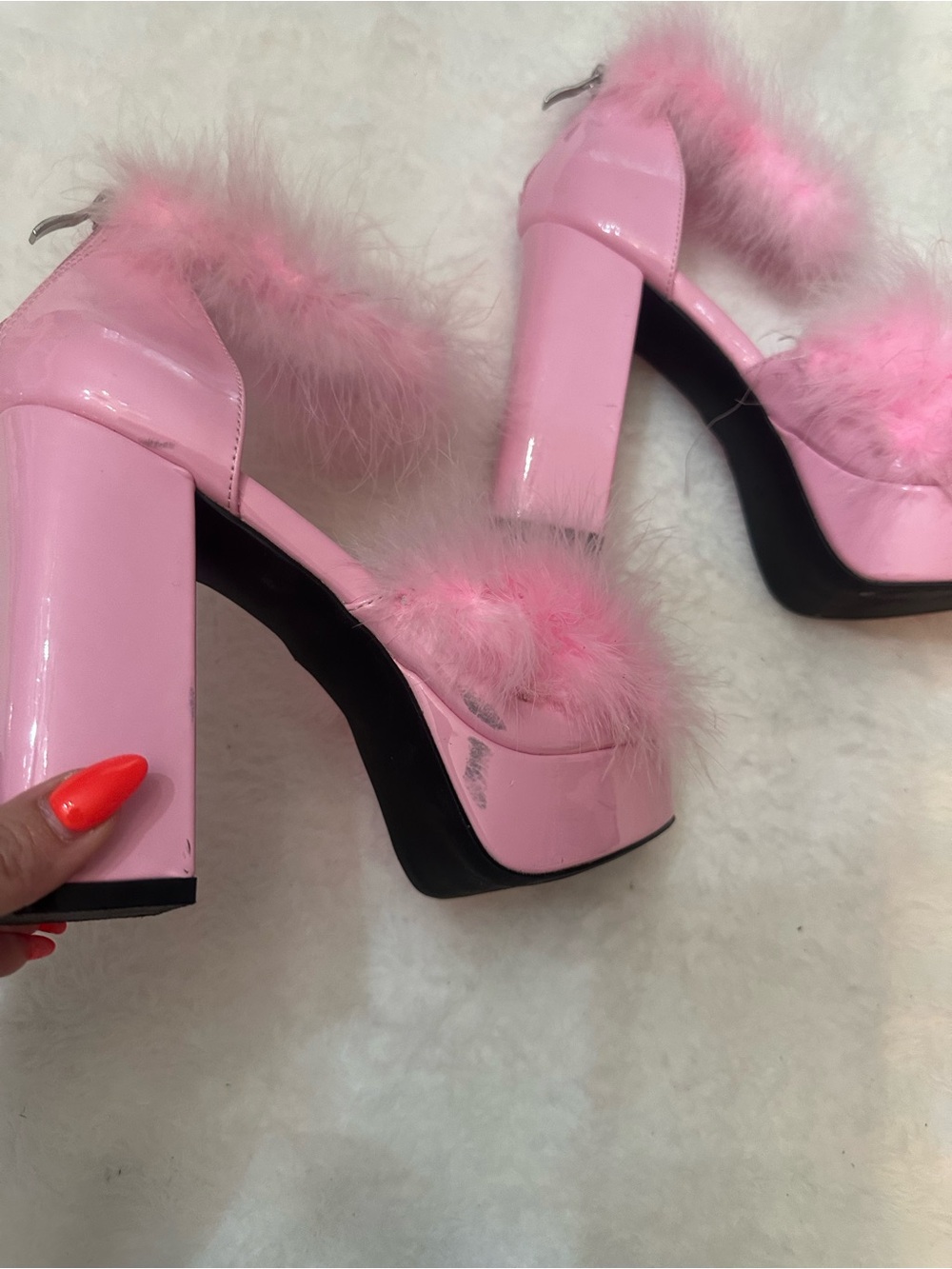 Sugar Thrillz Women's Pink Marabou Fluff High Heel Platforms Size 9 M - Picture 5 of 11